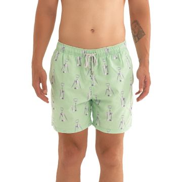 Pantaloni scurti de baie cu model si snur - Gri deschis/Verde pal