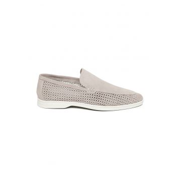 Pantofi loafer de piele intoarsa cu model perforat - Liliac prafuit -