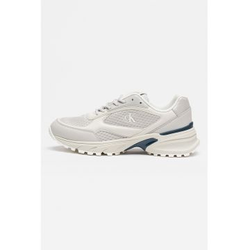 Pantofi sport de piele ecologica cu insertii de plasa - Grej/Argintiu