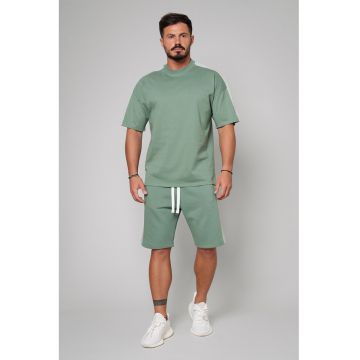 Set de tricou si pantaloni scurti cu garnituri contrastante - 2 piese - Verde sparanghel