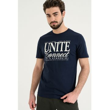 Tricou cu imprimeu si decolteu la baza gatului - Bleumarin