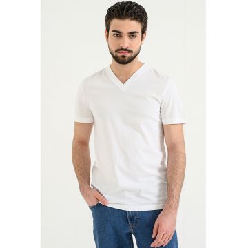 Tricou de bumbac cu decolteu in V - Alb