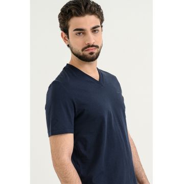 Tricou de bumbac cu decolteu in V - Bleumarin