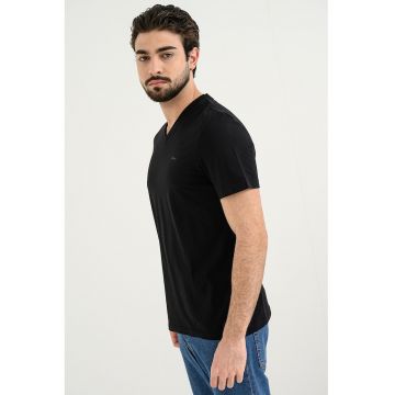 Tricou de bumbac cu decolteu in V - Negru