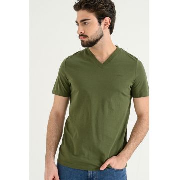 Tricou de bumbac cu decolteu in V - Verde