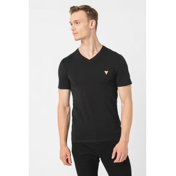 Tricou slim fit cu decolteu in V - Negru carbon