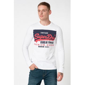 Bluza cu decolteu la baza gatului si imprimeu logo contrastant - Rosu/Alb optic/Bleumarin