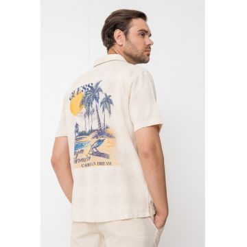 Camasa cu maneci scurte si imprimeu pe partea din spate - Bej/Albastru