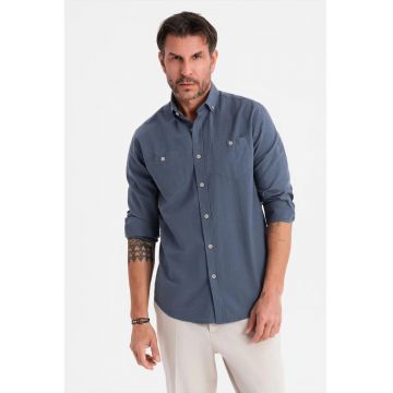 Camasa de in si bumbac cu guler fixat cu nasturi - Albastru inchis
