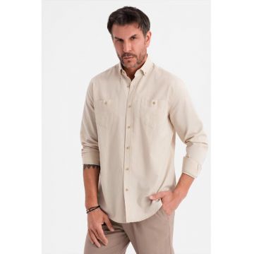 Camasa de in si bumbac cu guler fixat cu nasturi - Bej