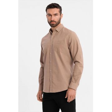 Camasa de in si bumbac cu guler fixat cu nasturi - Maro deschis