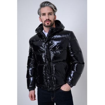 Geaca cu gluga si finisaj lacuit - Negru