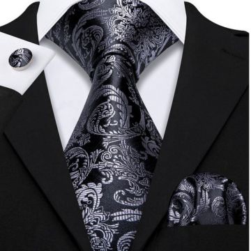 Set cravata gri / argintie + batista + butoni - matase - model 343