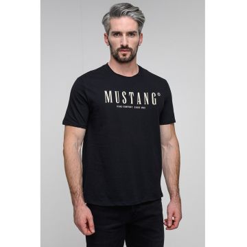 Tricou cu decolteu la baza gatului si imprimeu logo - Alb/Negru stins