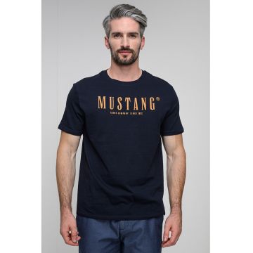 Tricou cu decolteu la baza gatului si imprimeu logo - Bleumarin