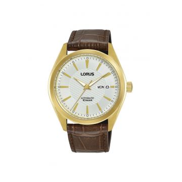 Ceas pentru barbati -  cronograf - automatic - carcasa inox - curea piele - maro/auriu