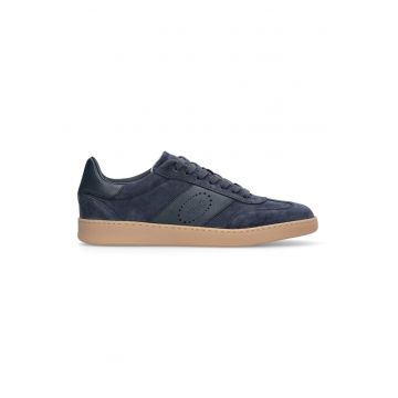 Pantofi sport low-cut de piele si piele intoarsa - Caramel/Bleumarin
