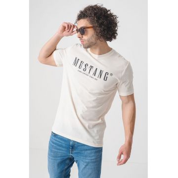 Tricou cu decolteu la baza gatului si logo - Negru/Alb murdar