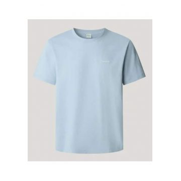 Tricou din amestec de bumbac cu decolteu la baza gatului - Albastru deschis