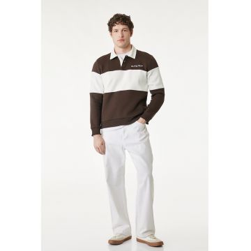 Bluza de trening polo cu dungi - Maro inchis/Alb fildes