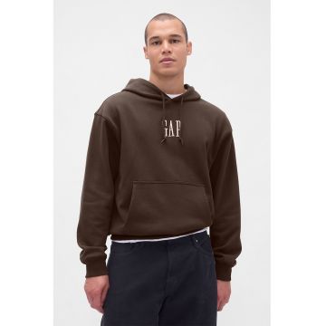 Hanorac cu logo brodat si buzunar kangaroo - Maro inchis/Alb optic