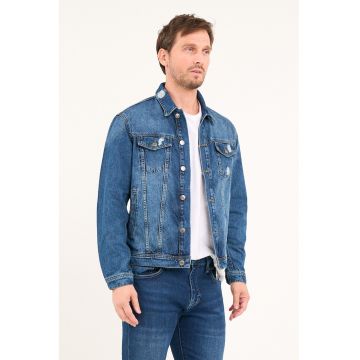 Jacheta din denim cu buzunare cu clapa - Albastru inchis