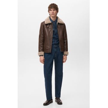 Jacheta din piele shearling sintetica cu fermoar - Maro scortisoara