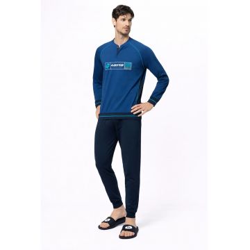 Pijama cu imprimeu logo si maneci raglan - Albastru inchis