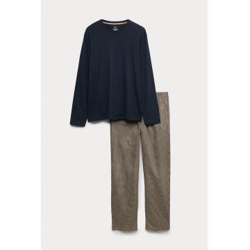 Pijama lunga din bumbac cu model houndstooth - Kaki/Bleumarin
