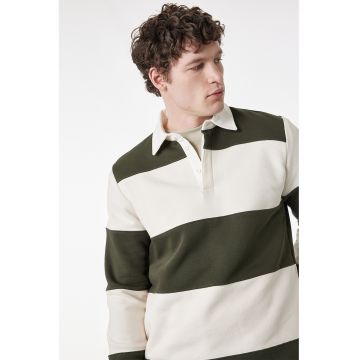 Pulover polo lejer cu dungi - Alb fildes/Verde padure