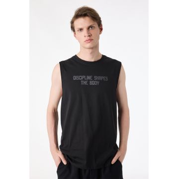 Top din bumbac cu imprimeu text - Negru