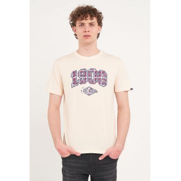 Tricou cu decolteu la baza gatului si logo - Rosu/Bej deschis