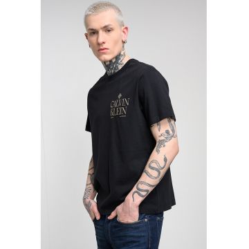 Tricou de bumbac cu decolteu la baza gatului si logo - Auriu/Negru