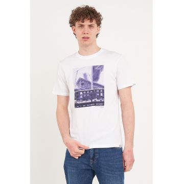 Tricou din bumbac cu decolteu la baza gatului - Alb/Albastru indigo