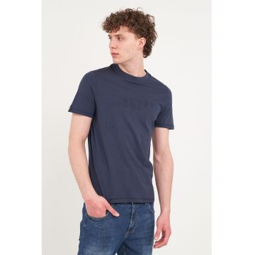 Tricou din bumbac cu decolteu la baza gatului - Bleumarin