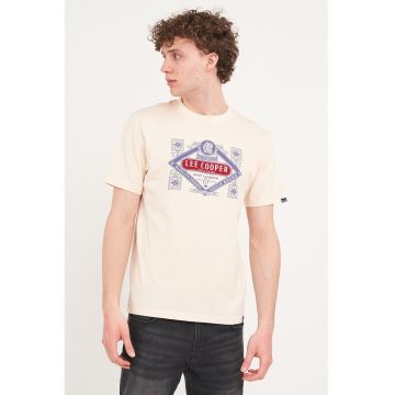 Tricou din bumbac cu imprimeu logo - Albastru inchis/Bej deschis