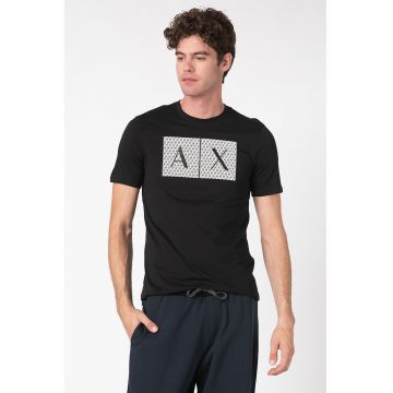 Tricou slim fit de bumbac cu imprimeu logo - Negru