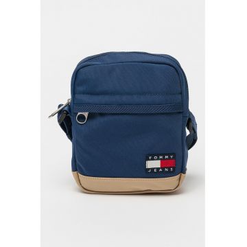 Geanta crossbody din material textil cu logo - Albastru petrol