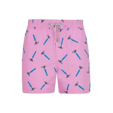 Pantaloni scurti de baie cu buzunare si model - Gri/Roz deschis/Albastru royal