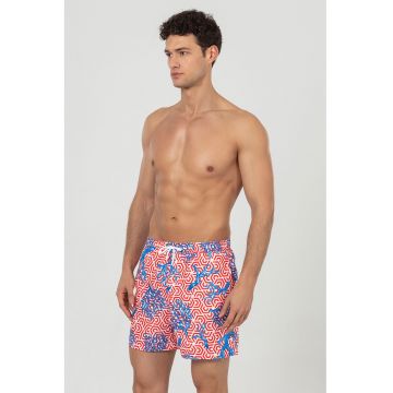 Pantaloni scurti de baie cu buzunare si snur - Albastru inchis/Alb optic/Rosu vermillion