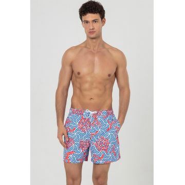 Pantaloni scurti de baie cu buzunare si snur - Albastru inchis/Coral/Alb optic