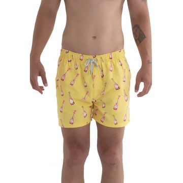 Pantaloni scurti de baie cu model si snur - Alb/Roz zmeuriu/Galben pai