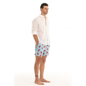 Pantaloni scurti de baie cu model si snur - Albastru azur/Rosu vermillion