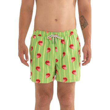 Pantaloni scurti de baie cu model si snur - Galben pai/Rosu vermillion/Verde lime