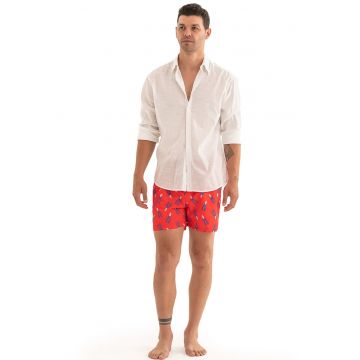 Pantaloni scurti de baie cu model si snur - Gri deschis/Albastru royal/Rosu vermillion