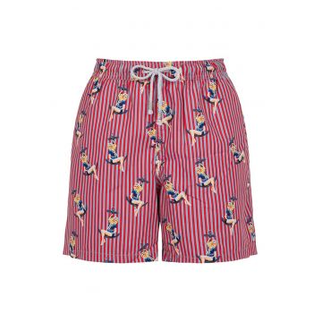 Pantaloni scurti de baie cu model si snur - Gri deschis/Caramiziu/Bleumarin