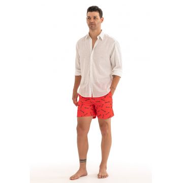 Pantaloni scurti de baie cu model si snur - Negru/Rosu vermillion