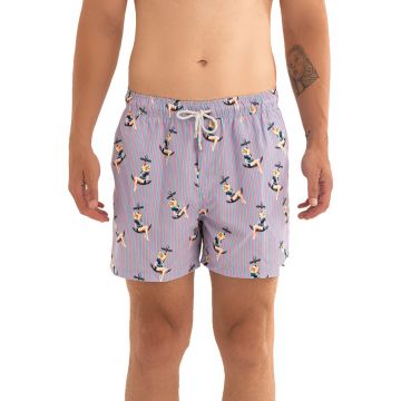 Pantaloni scurti de baie cu model si snur - Roz deschis/Albastru azur/Bleumarin