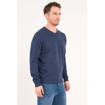 Pulover uni cu decolteu in V - Albastru melange