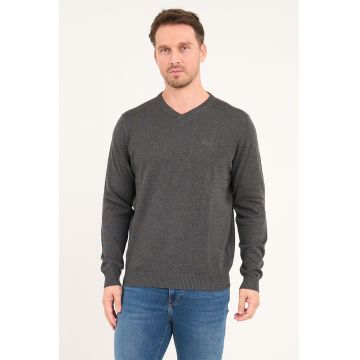 Pulover uni cu decolteu in V - Gri melange